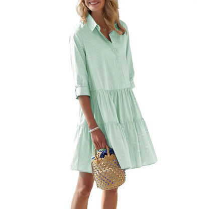 Women's Summer Striped Shirt Dress Half-Button Mini Cake Dress