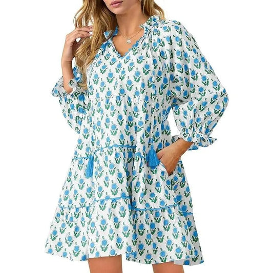 Women's Casual Floral Ruffle V-Neck Mini Dress with Pockets