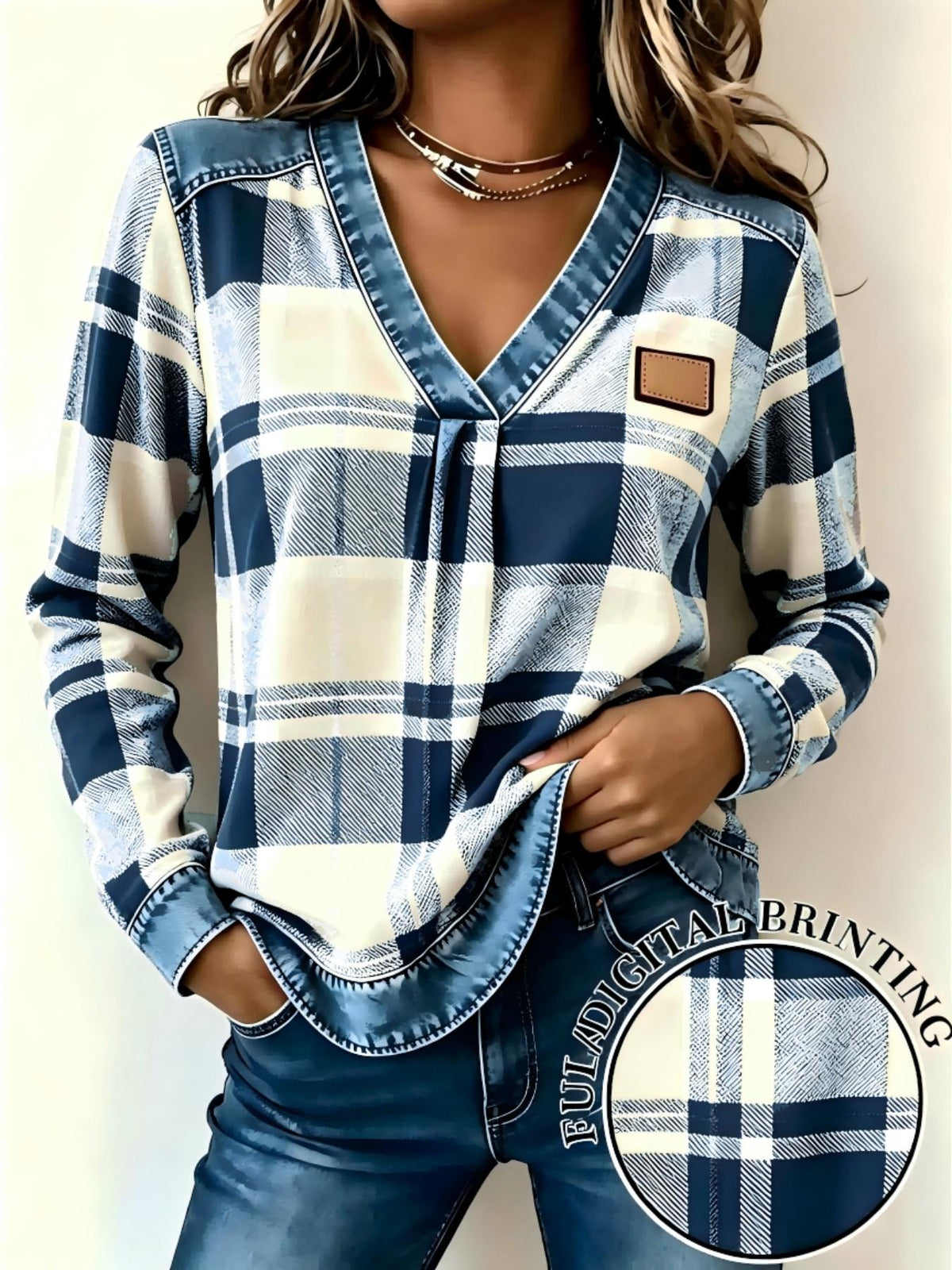 New Spring Fall Women's Fake Denim Patchwork Print V Neck Top