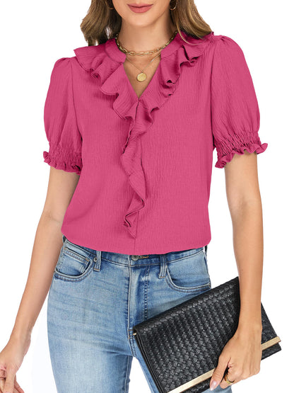 Womens Blouses Dressy Casual Puff Sleeve V Neck Ruffle Tops