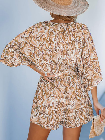 ✨Women's Lace Up Print Romper Short Sleeves Jumpsuits Wide leg Outfit