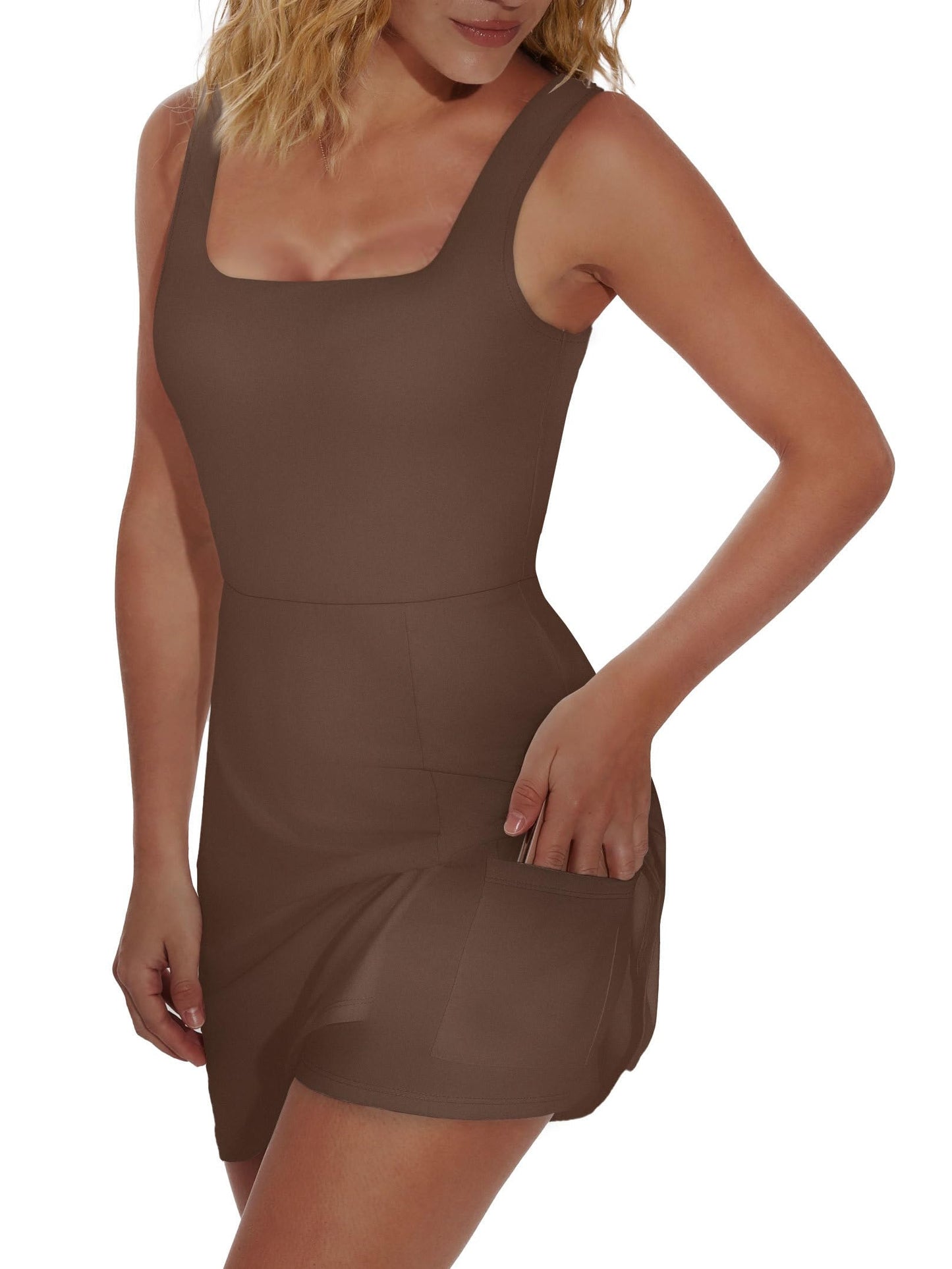 ⏰Hot Sale-Women Mini U Neck Sleeveless Athletic Dress Built in Shorts with Pockets