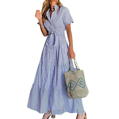 Women Button Down Striped Dress Lapel Collar Short Sleeve Dresses
