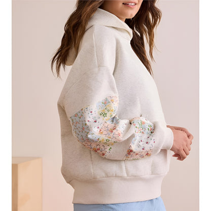 Womens Hooded Sweatshirt Long Sleeve Floral Print Patchwork Casual Loose Fit Tops