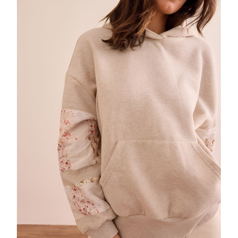Womens Hooded Sweatshirt Long Sleeve Floral Print Patchwork Casual Loose Fit Tops
