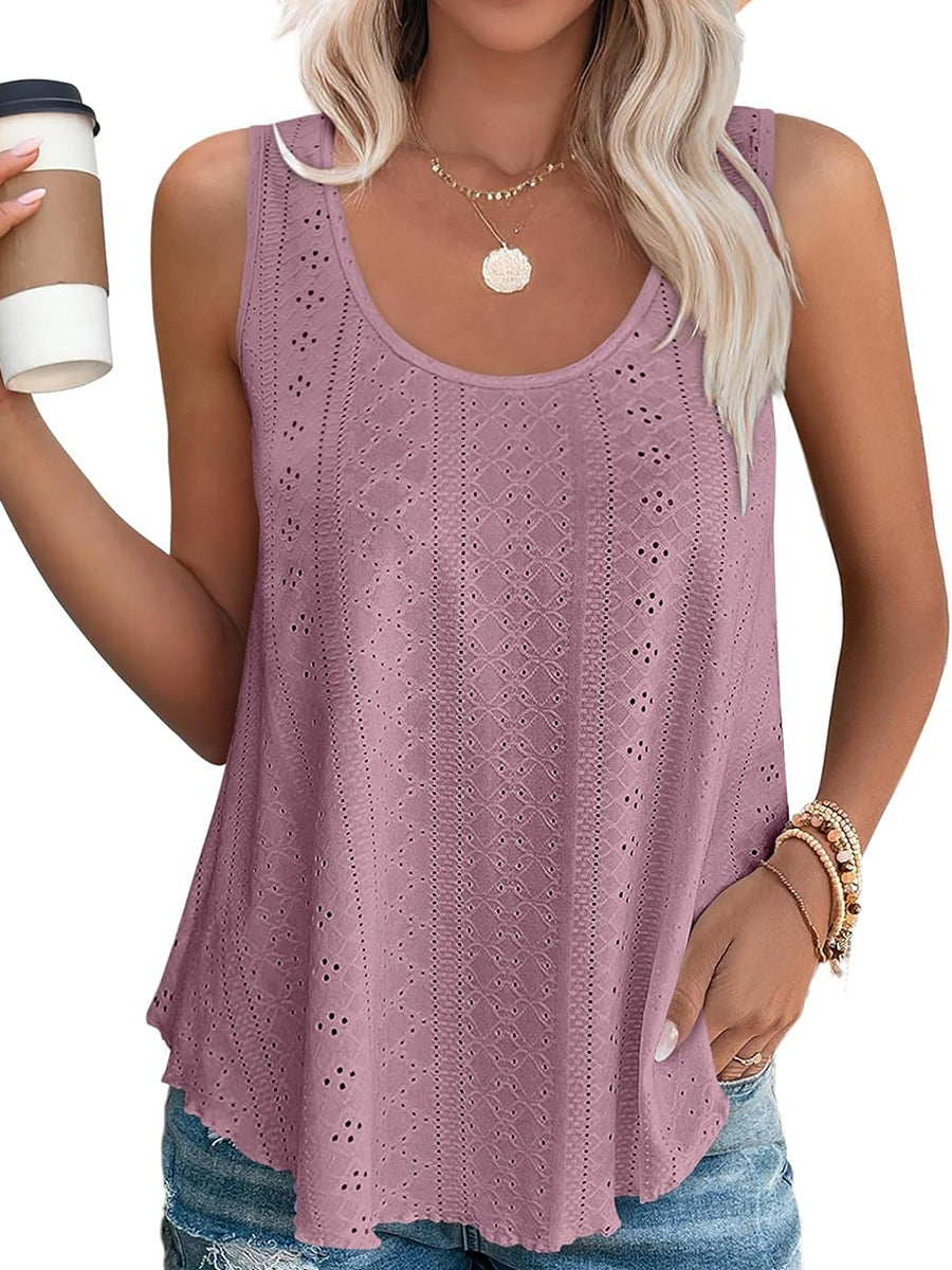 HOT SALE Women's Casual Loose Scoop Neck Wide Strap Eyelet Tank Tops