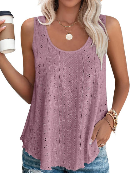 HOT SALE Women's Casual Loose Scoop Neck Wide Strap Eyelet Tank Tops
