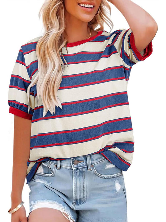Limited time sale🔥Women's Striped Color Block Short Sleeve T-Shirts Casual Loose Basic Tee