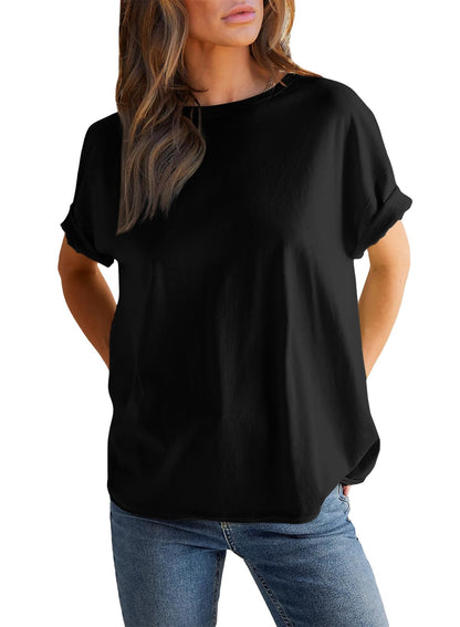 Women’s Round neck solid color short sleeve back spliced T-shirt cotton tee