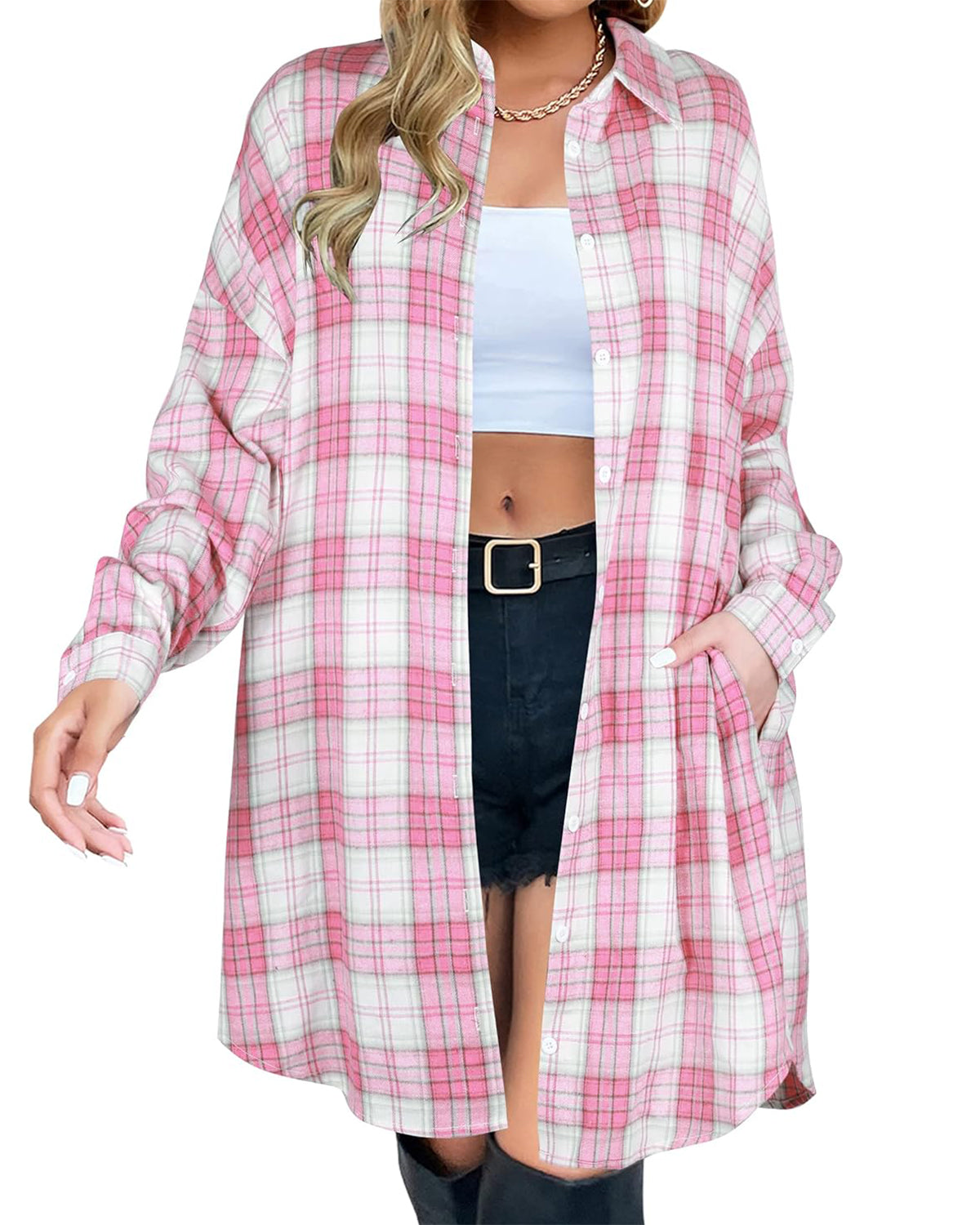 Women's Button Down Flannel Shirts Plaid Shacket  Collared Long Jacket Coats