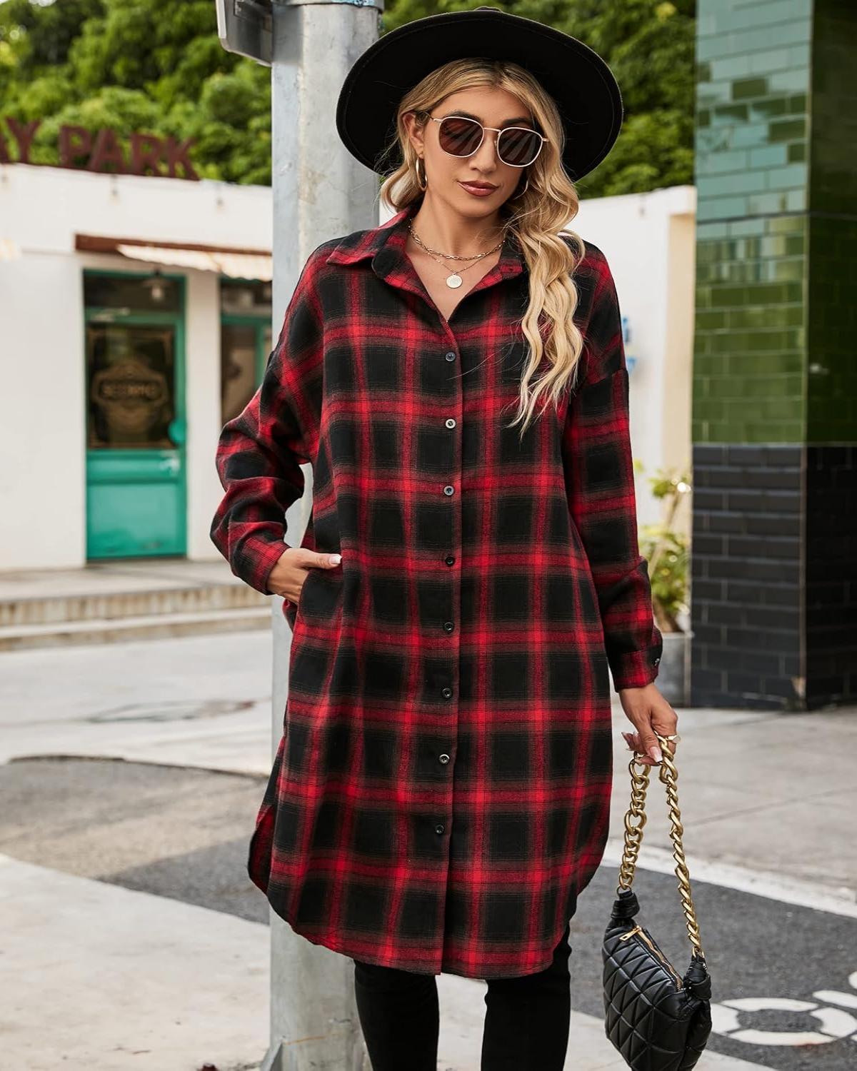 ✨Women's Button Down Flannel Shirts Plaid Shacket  Collared Long Jacket Coats