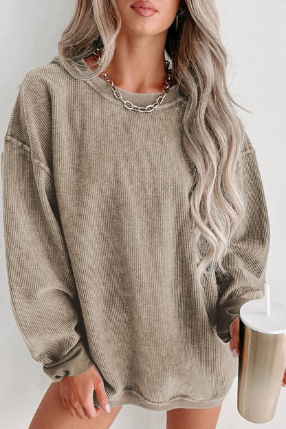 ✨ Women's Solid Color Ribbed Knit Round Neck Pullover Sweatshirt