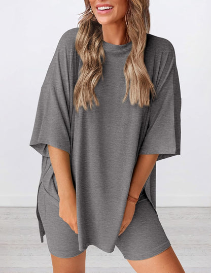 ⏰Hot Sale-Women's Oversized Casual T-Shirt Shorts Suit Stretch Two-Piece Set