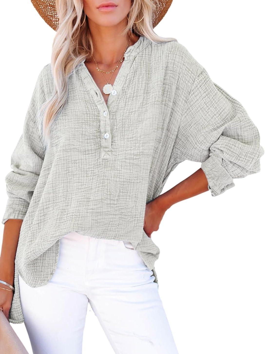 ⏰Hot Sale-Womens Casual Button V Neck Long Sleeve Shirts Oversized Solid Blouses Tops