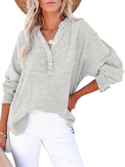 ⏰Hot Sale-Womens Casual Button V Neck Long Sleeve Shirts Oversized Solid Blouses Tops