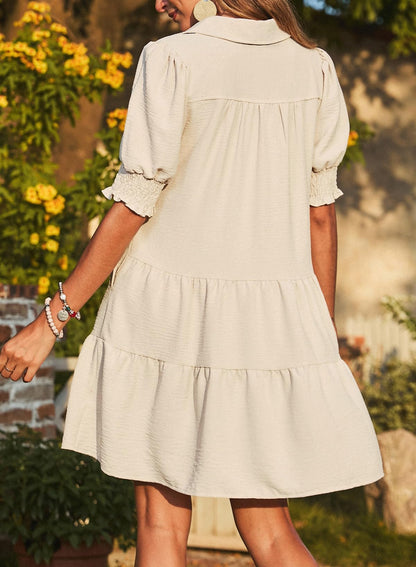 📣Smocked Sleeve Tiered V-Neck Mini Dress