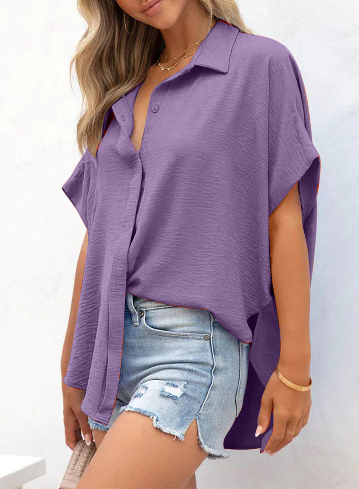 ⏰Hot Sale-Women's Casual Button Short Sleeve Slit Hem Shirt Solid Color Tops