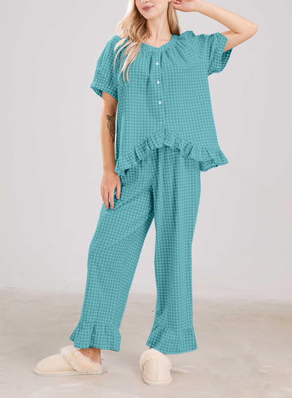 ✨Women Plaid 2 Piece Set Pajamas Outfits Short Sleeve Ruffle Shirt Pants Sets