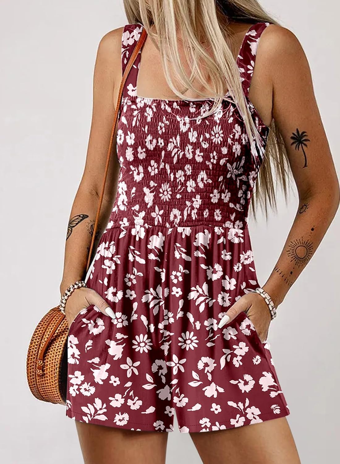 Women's Casual Sleeveless Floral Jumpsuit Cute Romper with Pockets