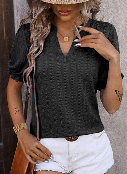 ✨Textured Puff-Sleeve V-Neck Knit Top
