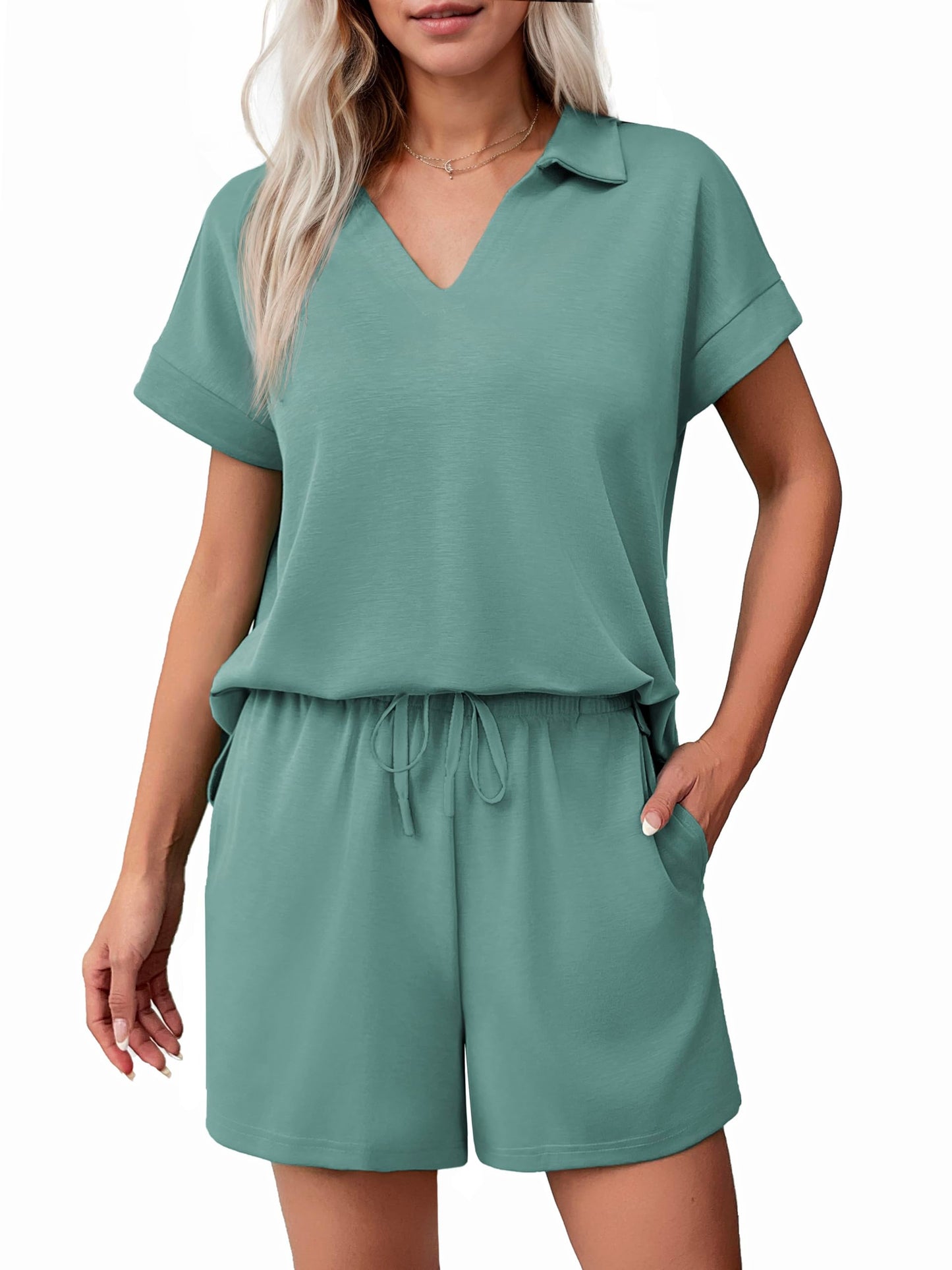 ✨Women Summer Lounge Sets Short Sleeve Sweatshirt V-neck Tops and Drawstring Shorts Outfits Tracksuit