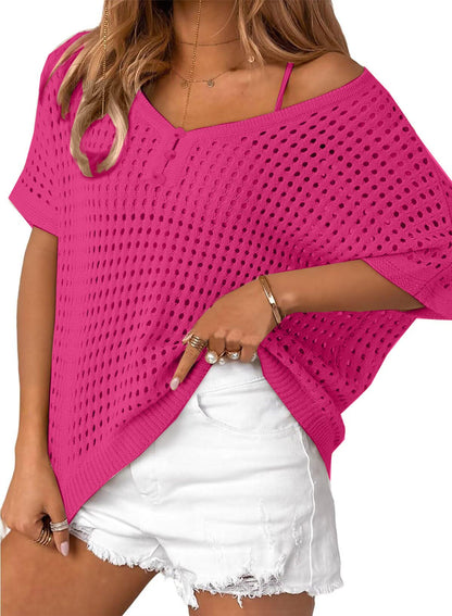 ✨Womens Summer V Neck Short Sleeve Button Down Sweater Casual Crochet Hollow Out Knit Tops Beach Coverup