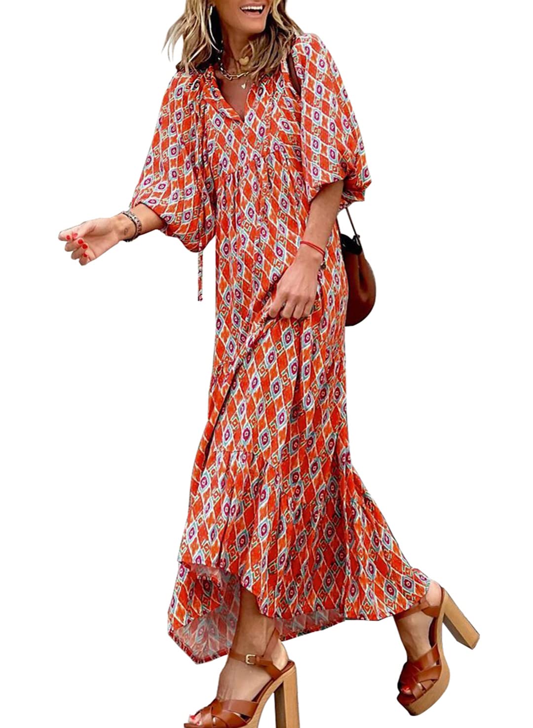 ✨Women's Puff Sleeve Floral Boho Maxi Dress