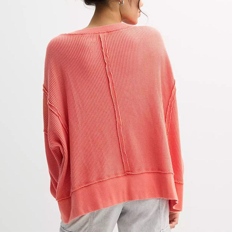 Oversized Waffle V Neck Top