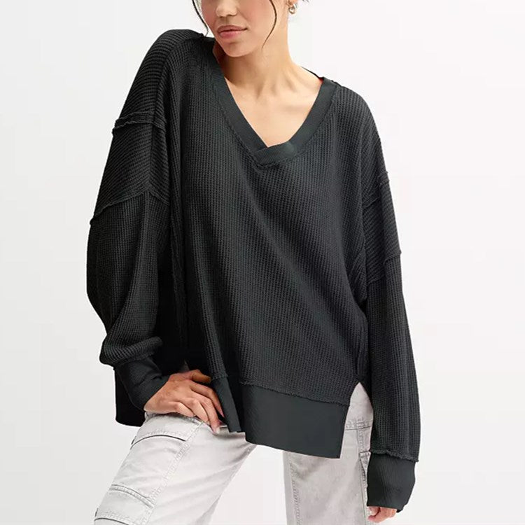 Oversized Waffle V Neck Top