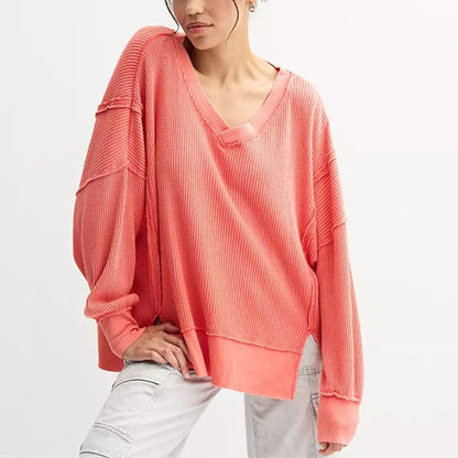 Oversized Waffle V Neck Top