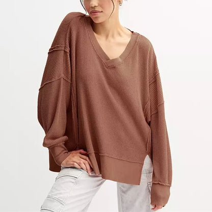 Oversized Waffle V Neck Top