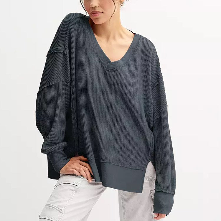 Oversized Waffle V Neck Top