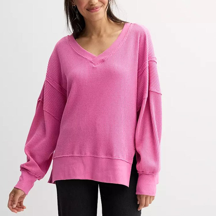 Oversized Waffle V Neck Top