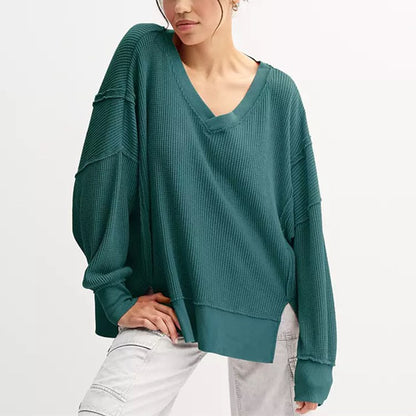 Oversized Waffle V Neck Top