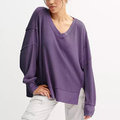 Oversized Waffle V Neck Top