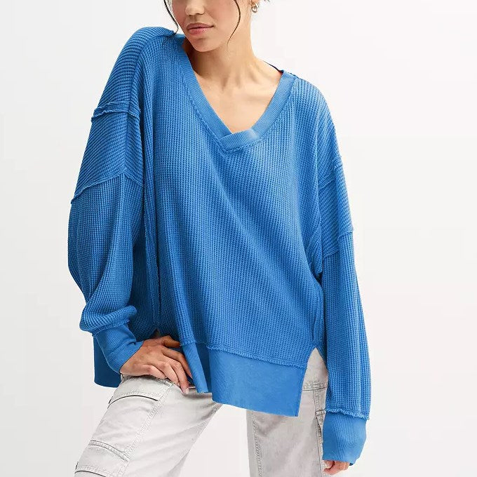 Oversized Waffle V Neck Top