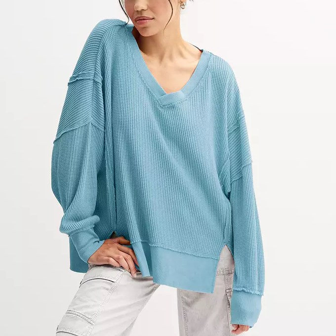 Oversized Waffle V Neck Top