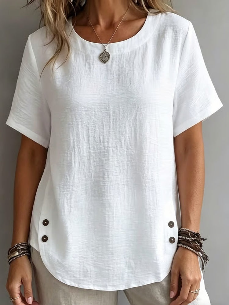 Women's Crew Neck Side Button Casual T-Shirt