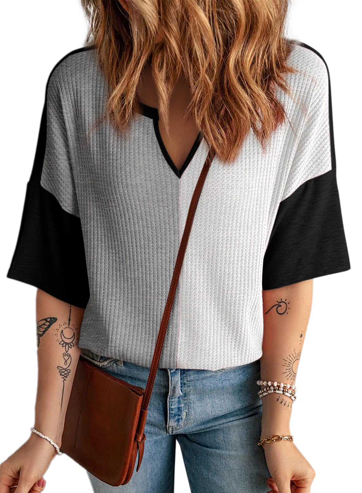 ✨Women's Half Sleeve Waffle Knit Casual V Neck Colorblock Patchwork Shirts