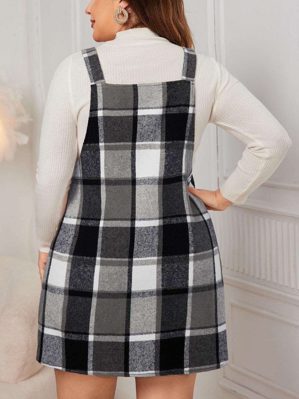 Plus Size Plaid Print Pocket Pinafore Dress