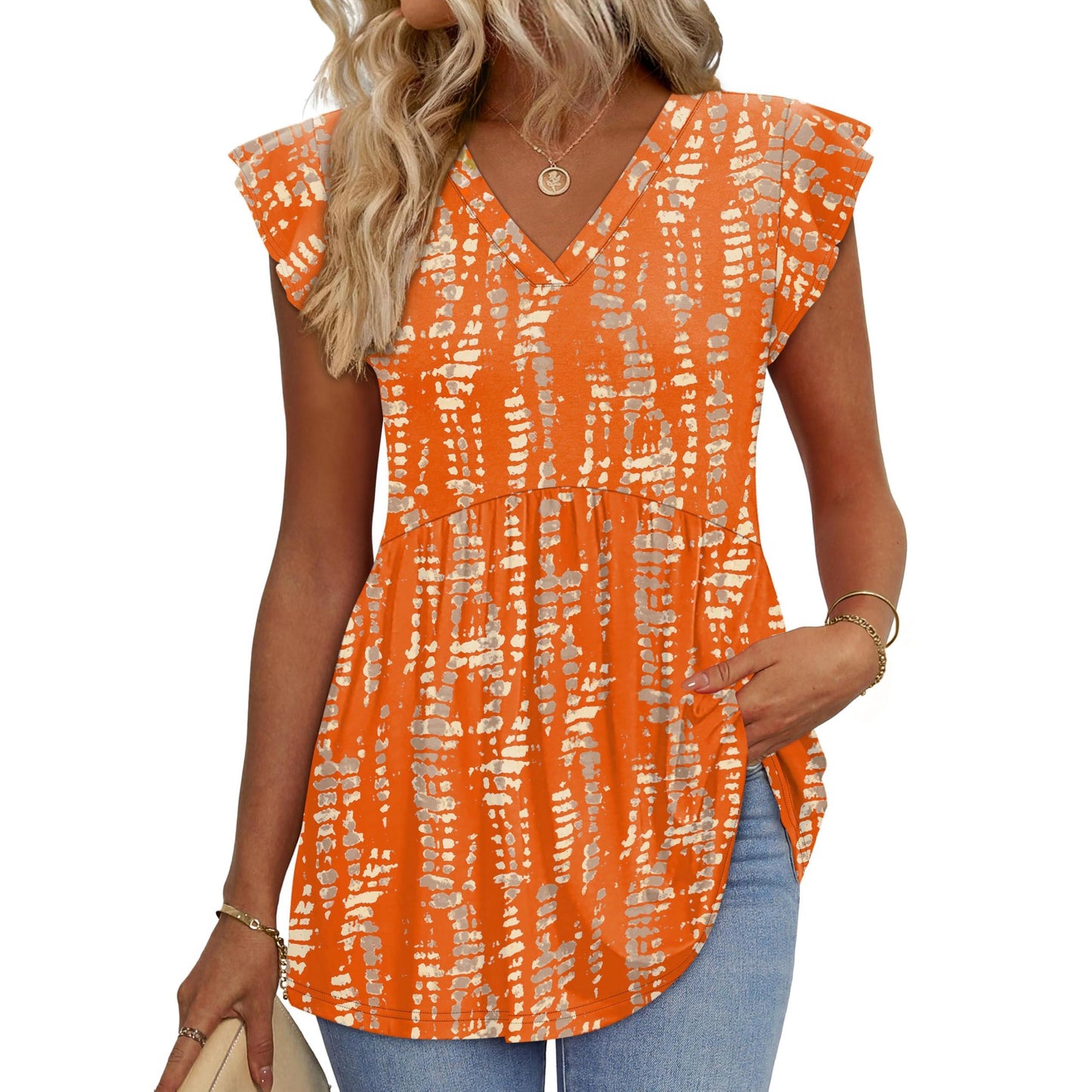 Women's Floral V-Neck Ruffle Sleeve Babydoll Blouse