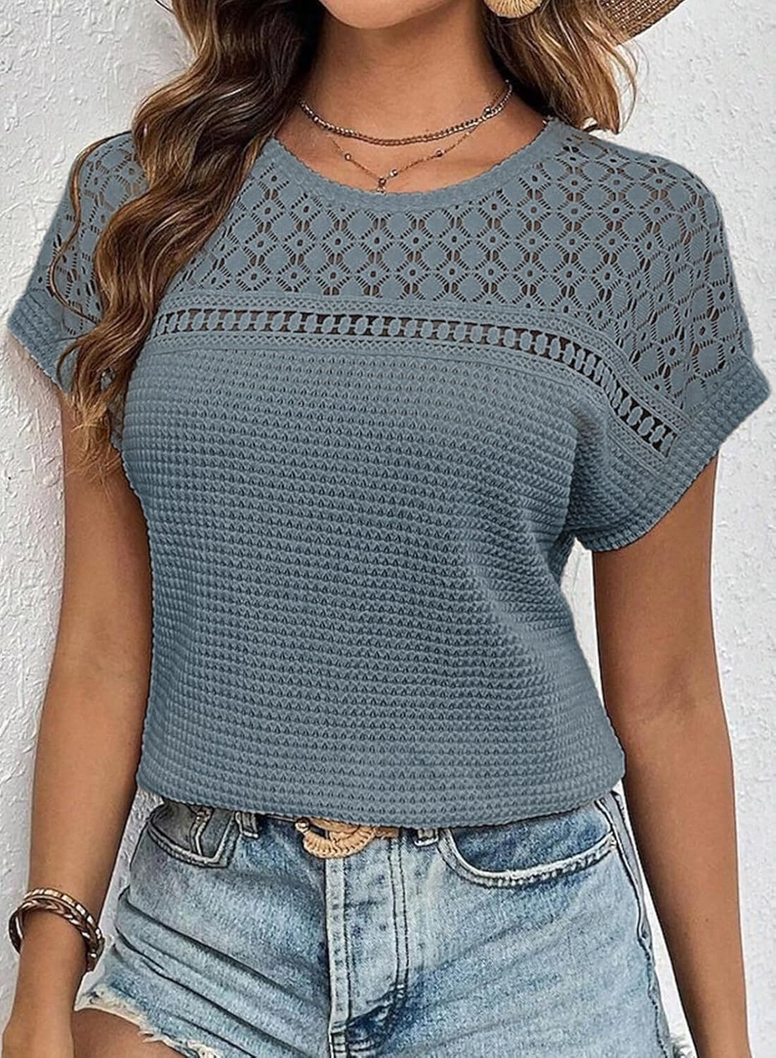 ✨Women's Casual Waffle Knit Hollow Out Short Sleeve Shirts