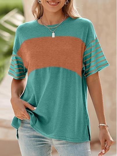 ✨Womens Oversized Crewneck Casual Color Block Striped Shirts Blouses