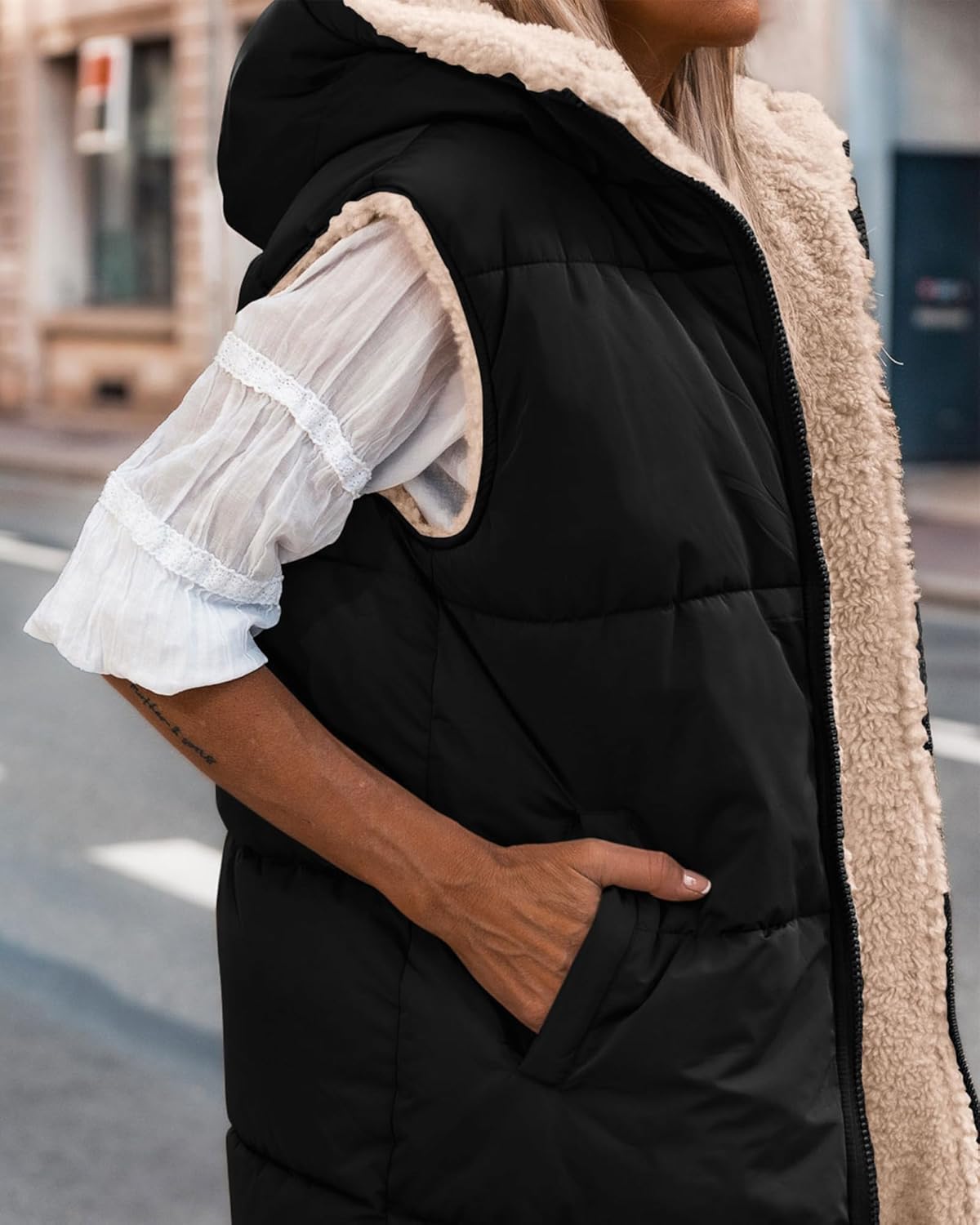 ✨Women's Sleeveless Hooded Reversible Fleece Jacket Zip Up Coat Outerwear Vests