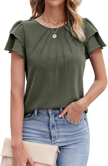 ✨Women’s Casual Blouses Ruffle Short Sleeve T Shirts Pleated Crew Neck Tops