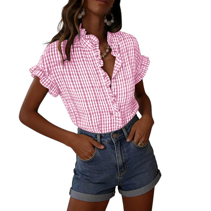 Women's Ruffled V Neck Gingham Short Sleeve Button Down Blouse