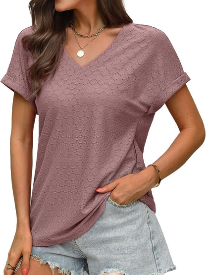 ✨Women's V Neck Eyelet Dressy Casual Basic Short Sleeve Tees