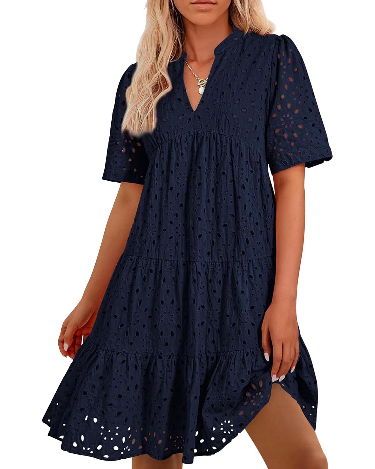 ⏰Hot Sale-Women's Elegant Hollow Out Lace Ruffle Casual Mini Dress