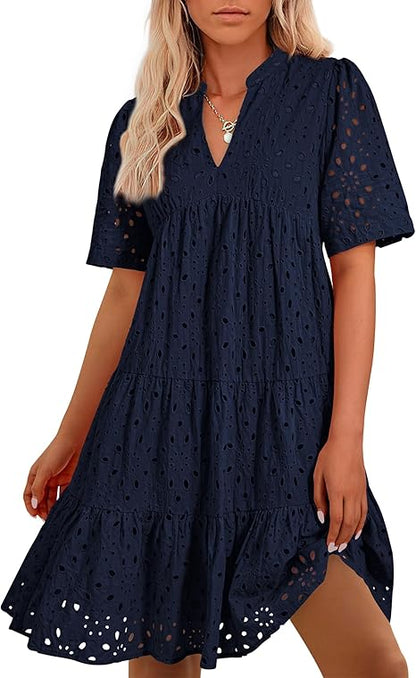 2025 Women's V Neck Short Sleeve Hollow Out Mini Vacation Dress