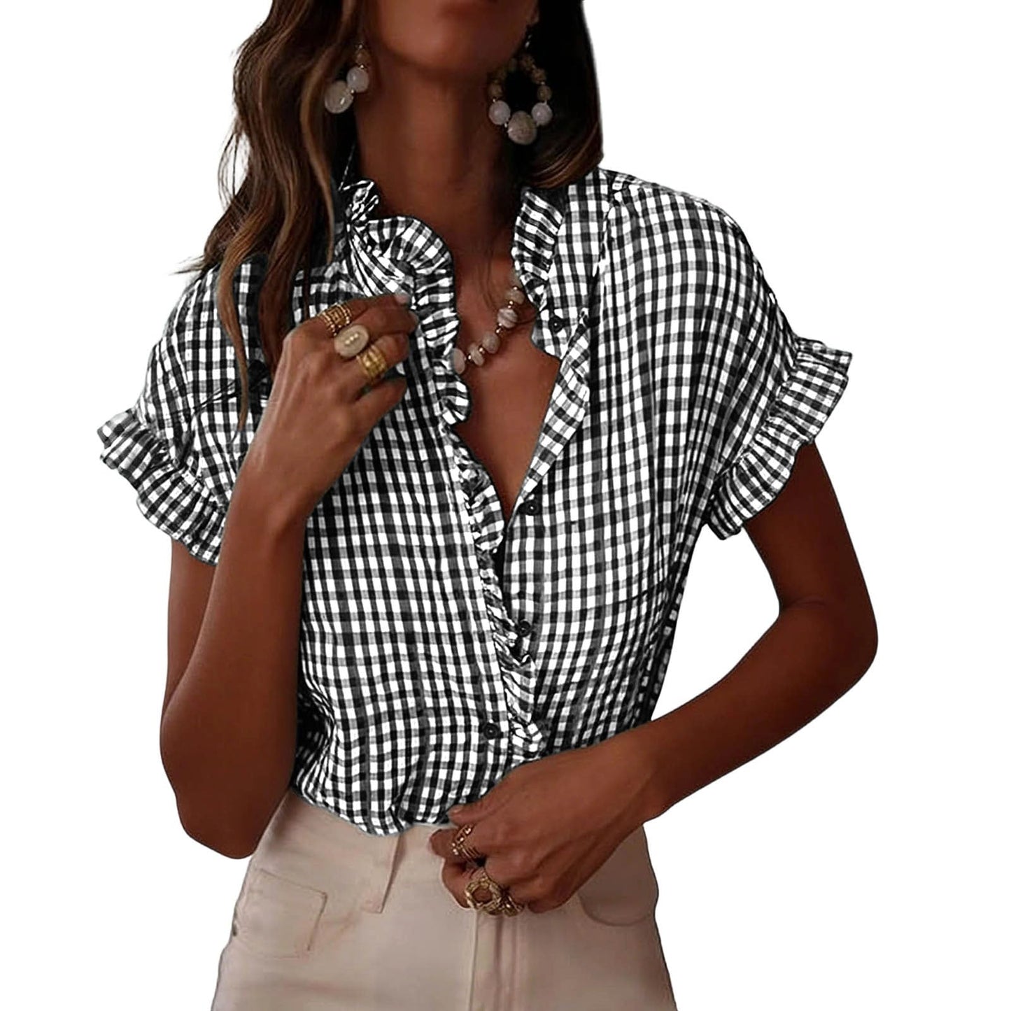 Women's Ruffled V Neck Gingham Short Sleeve Button Down Blouse